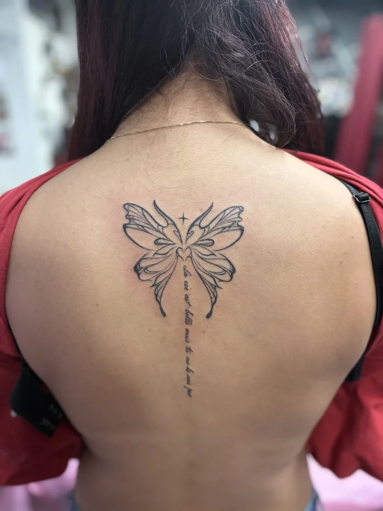 Fine line butterfly with script